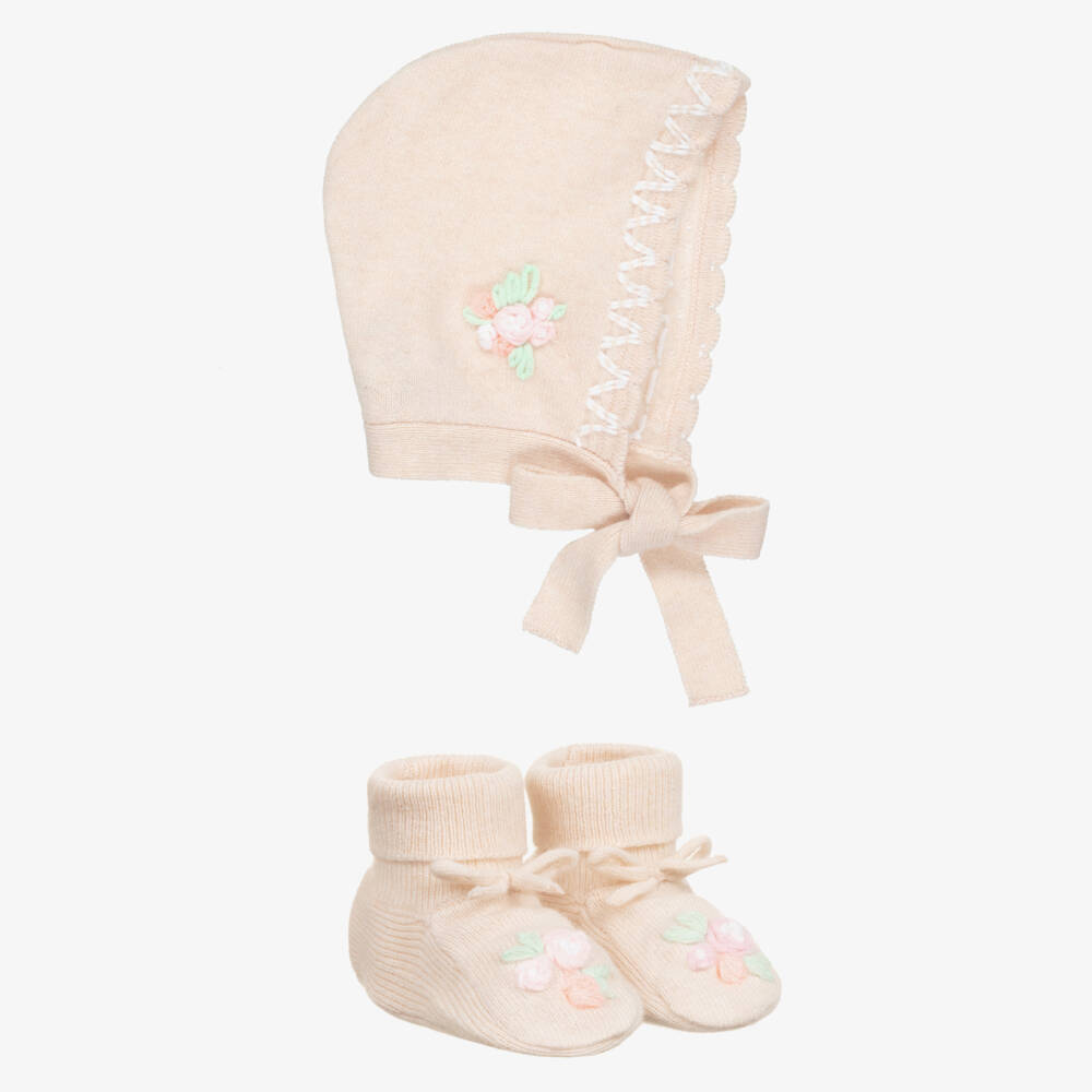 Beatrice & George-Baby Girls Pink Wool Swan Trouser Set with Bonnet & Booties | Childrensalon