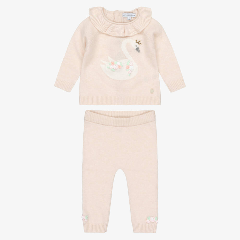 Beatrice & George-Baby Girls Pink Wool Swan Trouser Set with Bonnet & Booties | Childrensalon