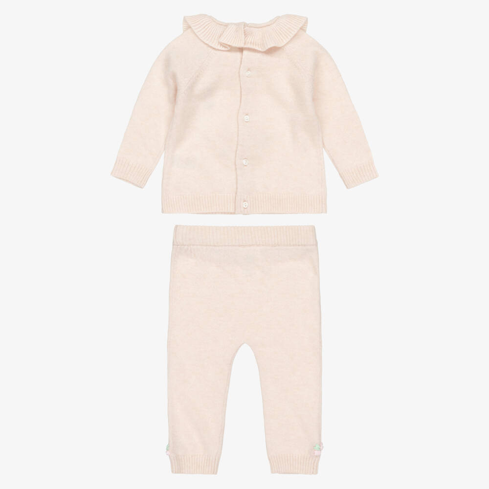 Beatrice & George-Baby Girls Pink Wool Swan Trouser Set with Bonnet & Booties | Childrensalon