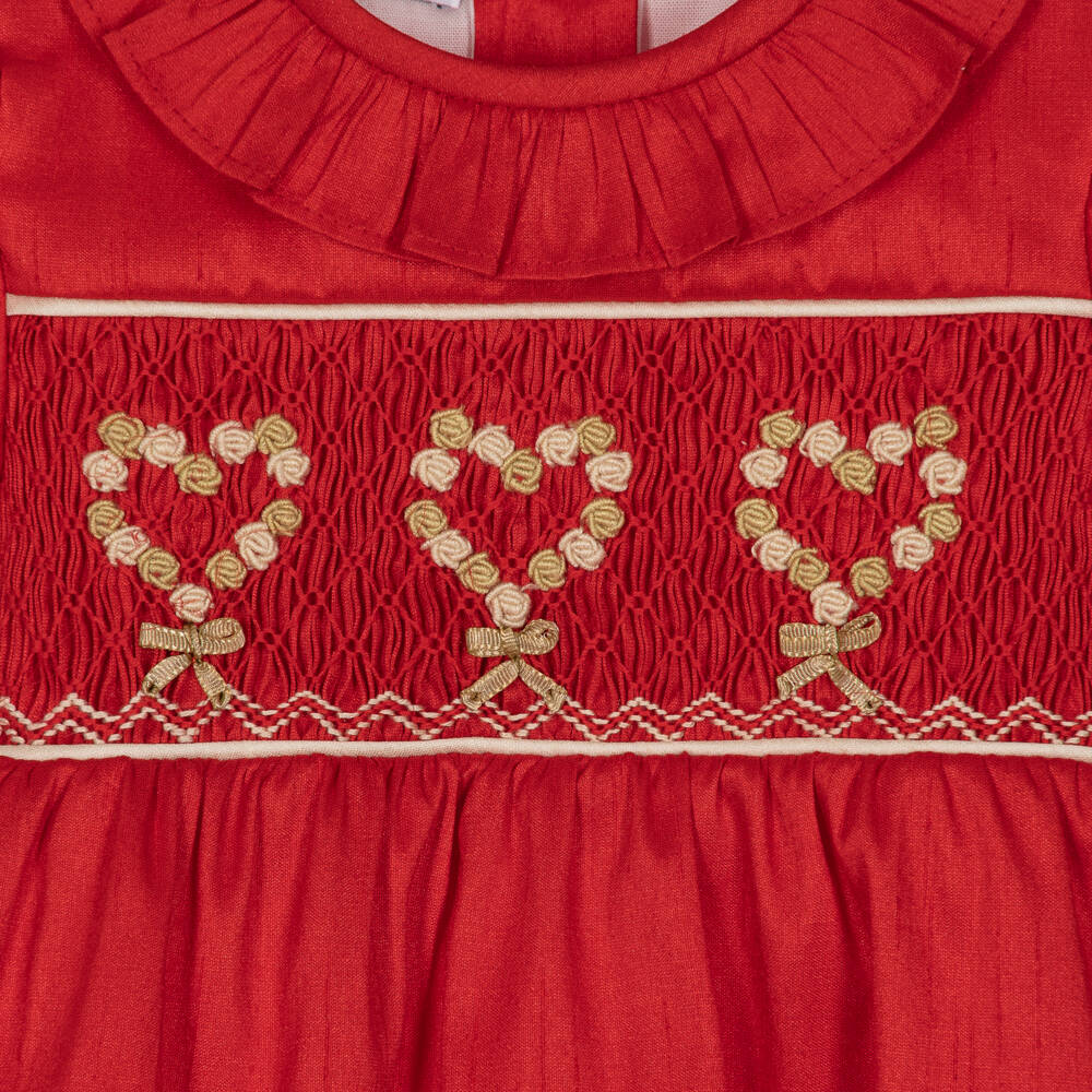 Beatrice & George-Baby Girls Red Hand-Smocked Dupion Shortie | Childrensalon