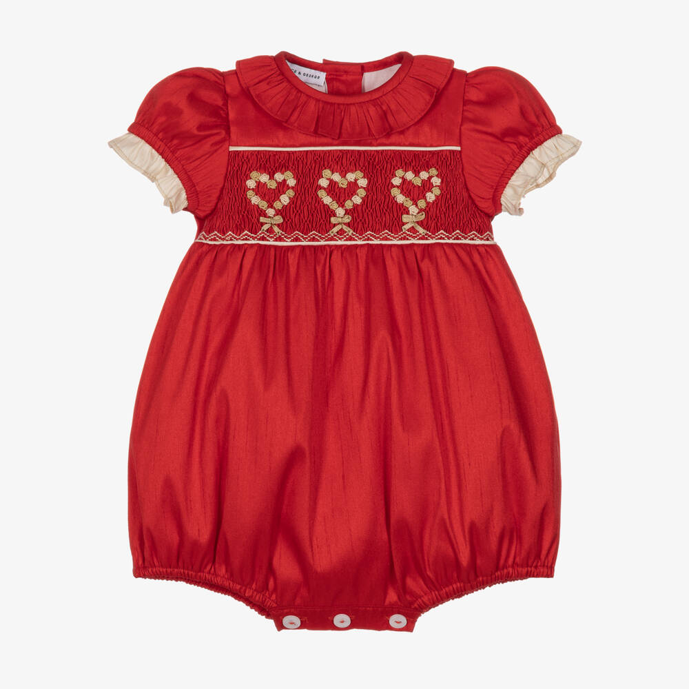 Beatrice & George-Baby Girls Red Hand-Smocked Dupion Shortie | Childrensalon