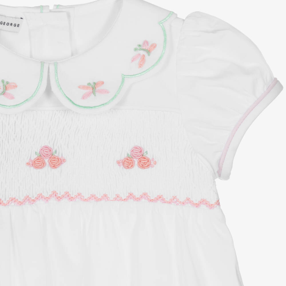 Beatrice & George-Baby Girls White Cotton Smocked Shortie | Childrensalon