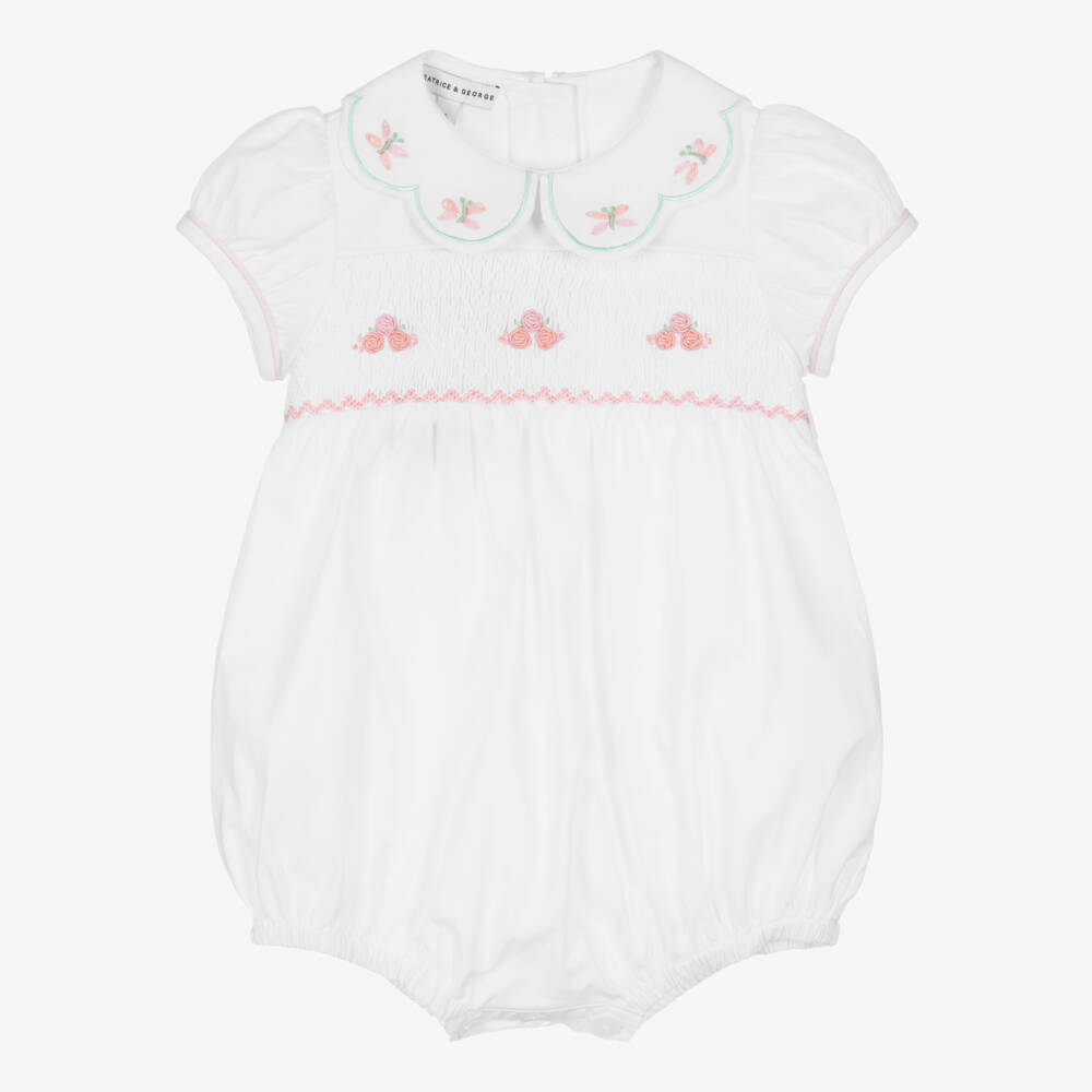 Beatrice & George-Baby Girls White Cotton Smocked Shortie | Childrensalon