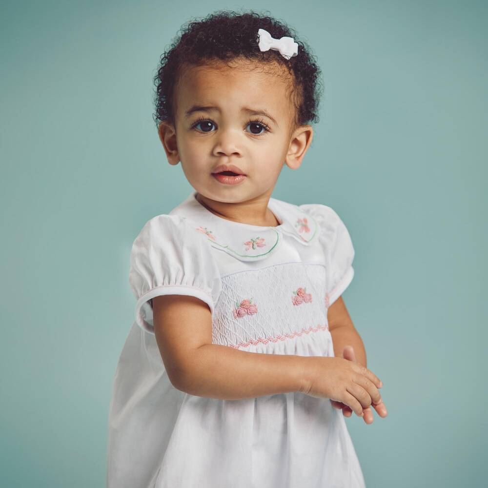 Beatrice & George-Baby Girls White Cotton Smocked Shortie | Childrensalon