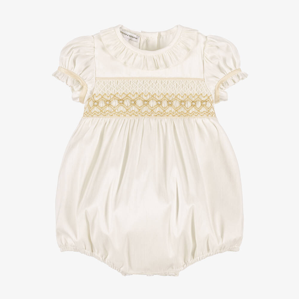 Beatrice & George-Baby Ivory Hand-Smocked Dupion Shortie | Childrensalon
