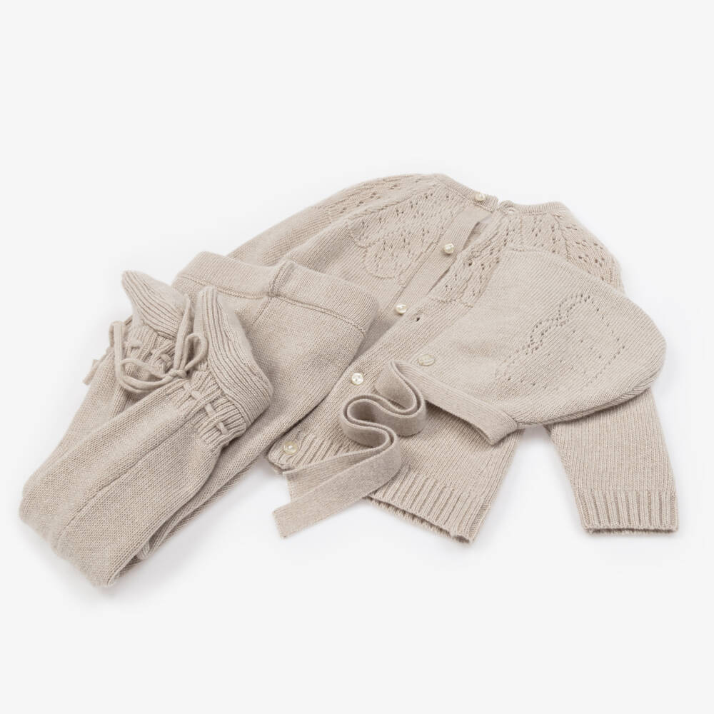 Beatrice & George-Beige Knitted Babygrow Set with Wool & Cashmere | Childrensalon