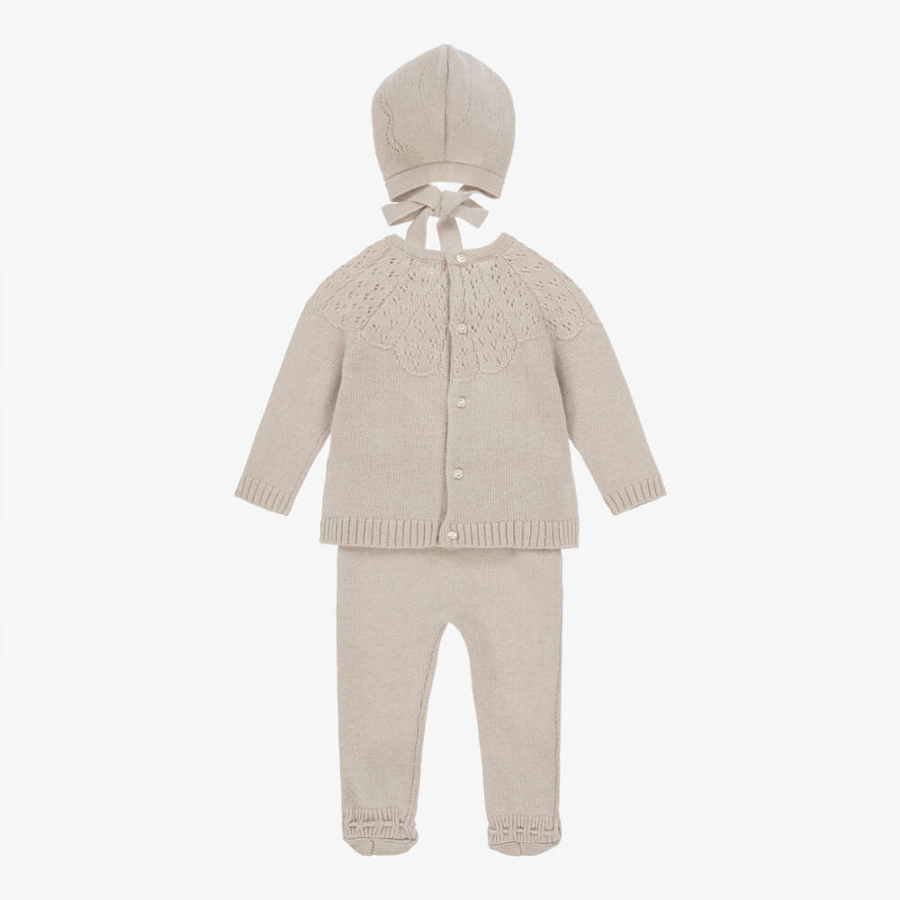 Beatrice & George-Beige Knitted Babygrow Set with Wool & Cashmere | Childrensalon