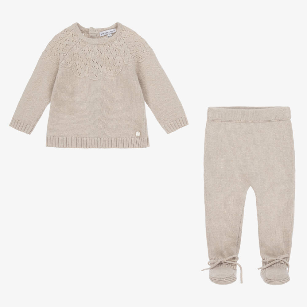 Beatrice & George-Beige Knitted Babygrow Set with Wool & Cashmere | Childrensalon