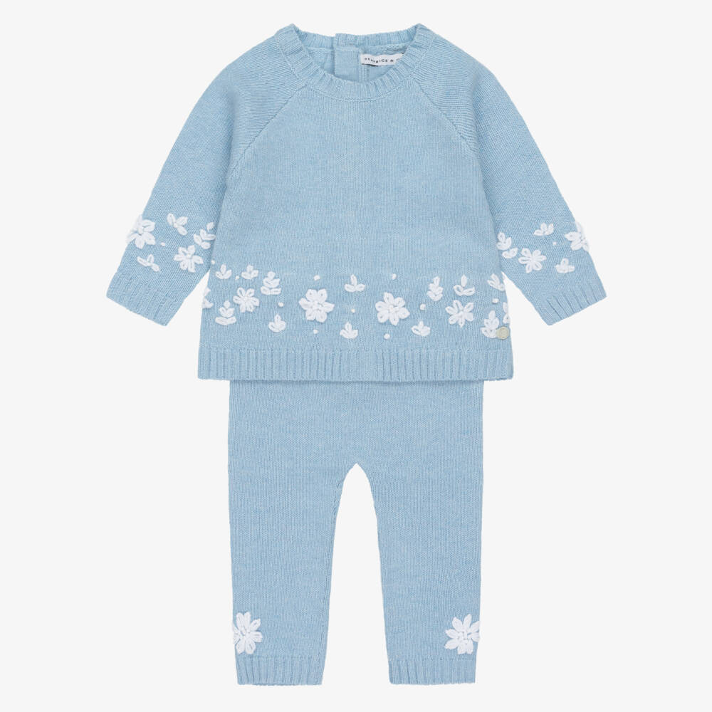 Beatrice & George-Blue Floral Baby Trouser Set with Bonnet & Booties | Childrensalon
