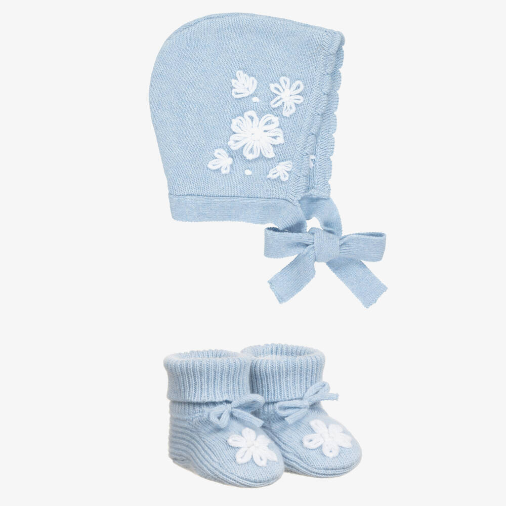 Beatrice & George-Blue Floral Baby Trouser Set with Bonnet & Booties | Childrensalon