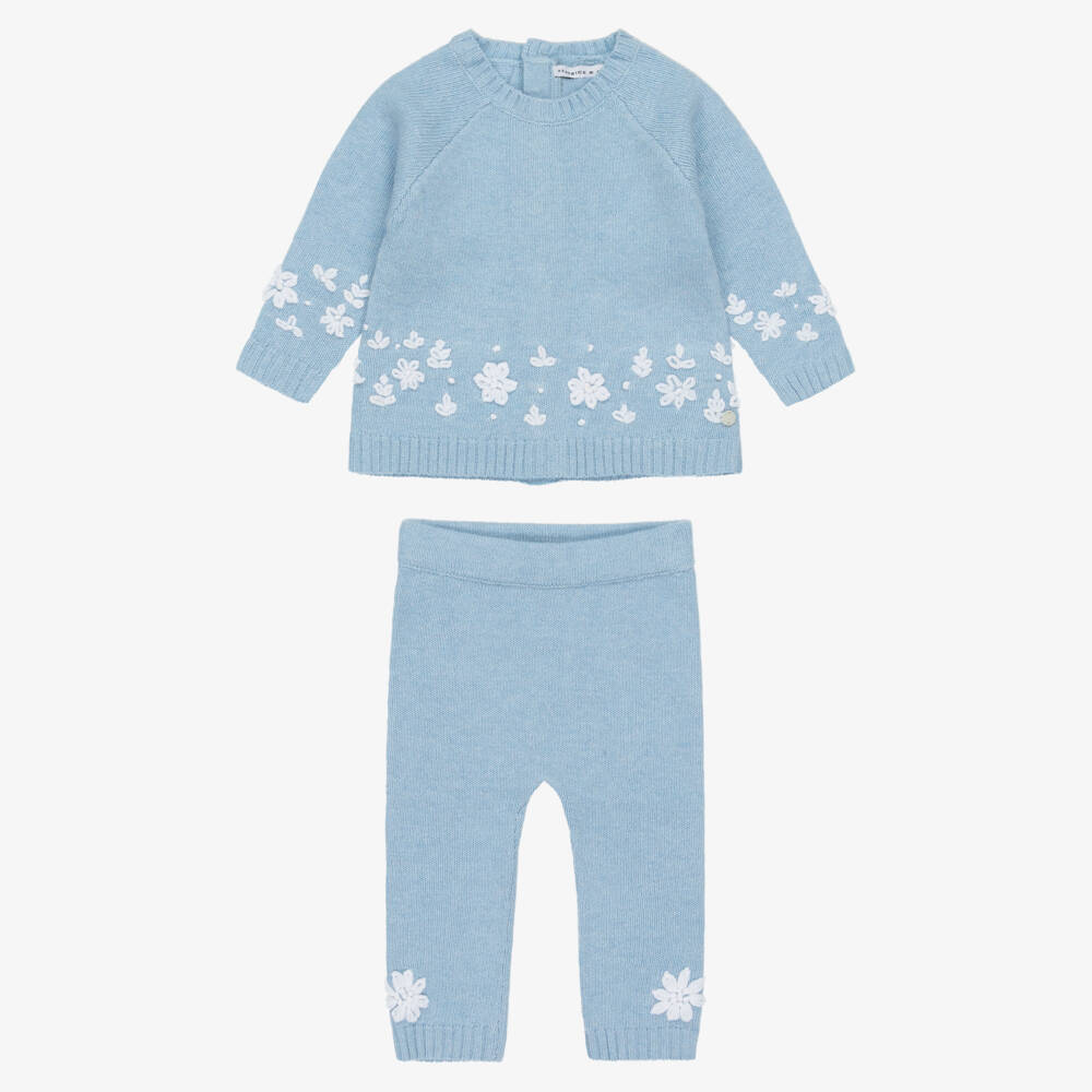 Beatrice & George-Blue Floral Baby Trouser Set with Bonnet & Booties | Childrensalon