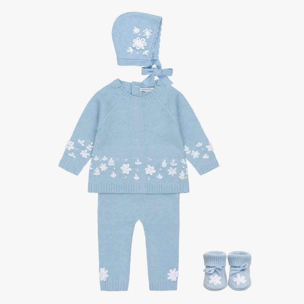Beatrice & George-Blue Floral Baby Trouser Set with Bonnet & Booties | Childrensalon