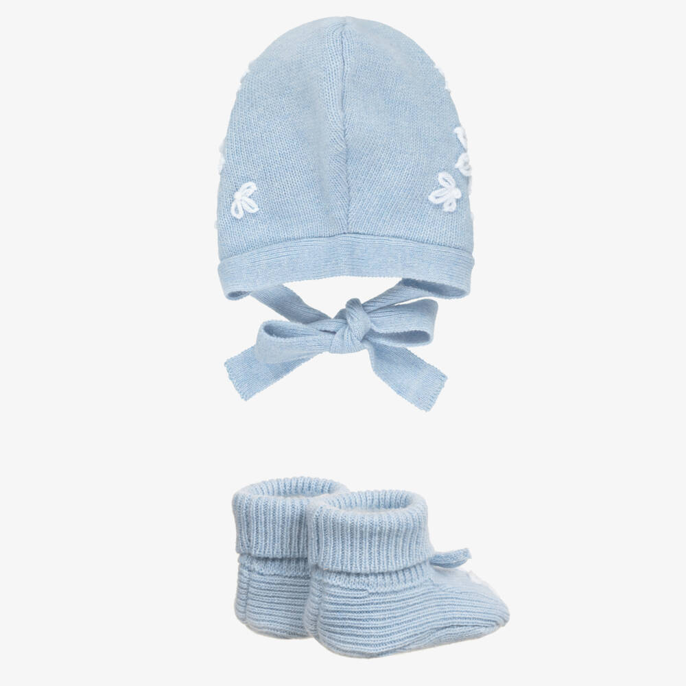 Beatrice & George-Blue Floral Baby Trouser Set with Bonnet & Booties | Childrensalon