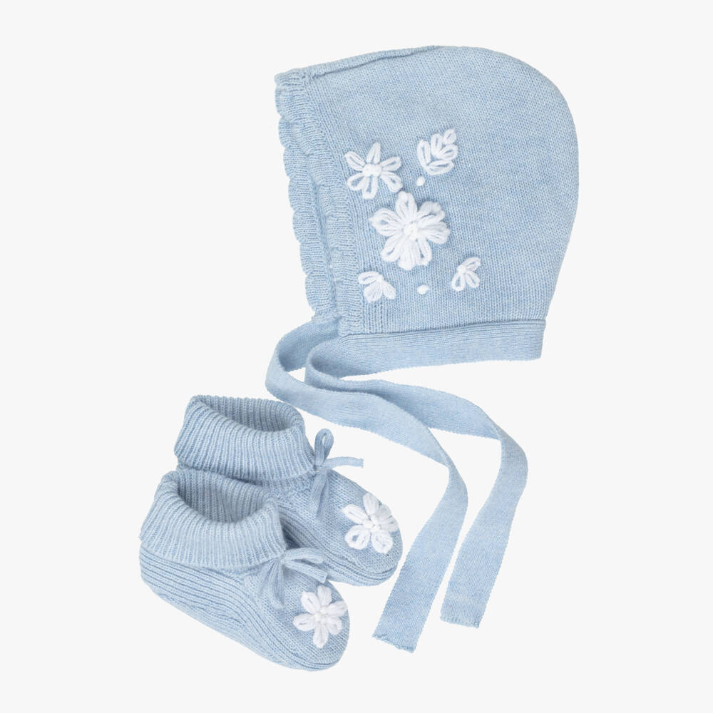 Beatrice & George-Blue Floral Baby Trouser Set with Bonnet & Booties | Childrensalon
