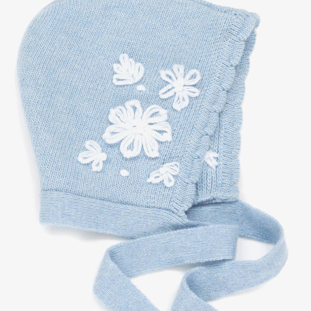 Beatrice & George-Blue Knitted Bonnet & Booties Set with Hand Embroidery | Childrensalon