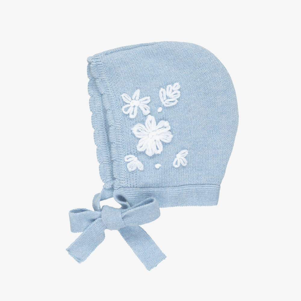 Beatrice & George-Blue Knitted Bonnet & Booties Set with Hand Embroidery | Childrensalon