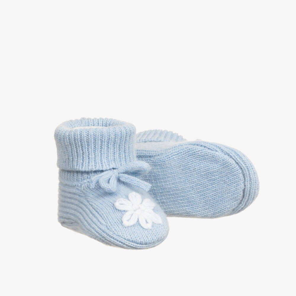 Beatrice & George-Blue Knitted Bonnet & Booties Set with Hand Embroidery | Childrensalon