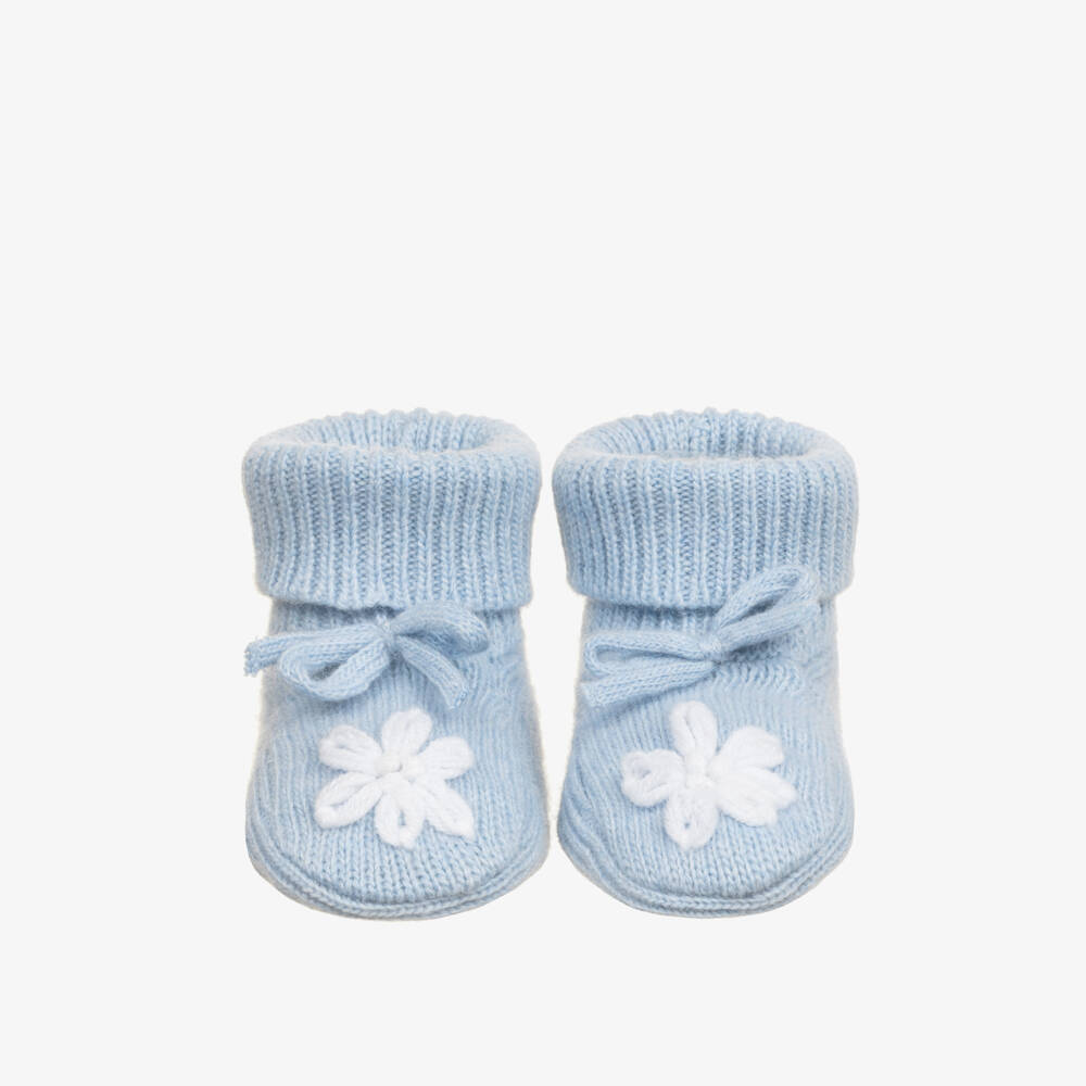 Beatrice & George-Blue Knitted Bonnet & Booties Set with Hand Embroidery | Childrensalon