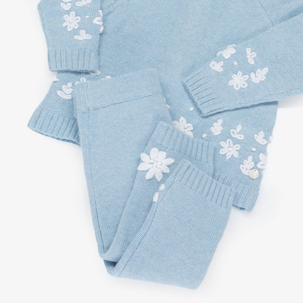 Beatrice & George-Blue Knitted Trouser Set with Embroidered Flowers | Childrensalon