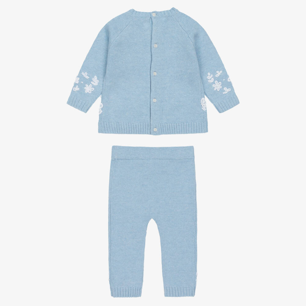 Beatrice & George-Blue Knitted Trouser Set with Embroidered Flowers | Childrensalon