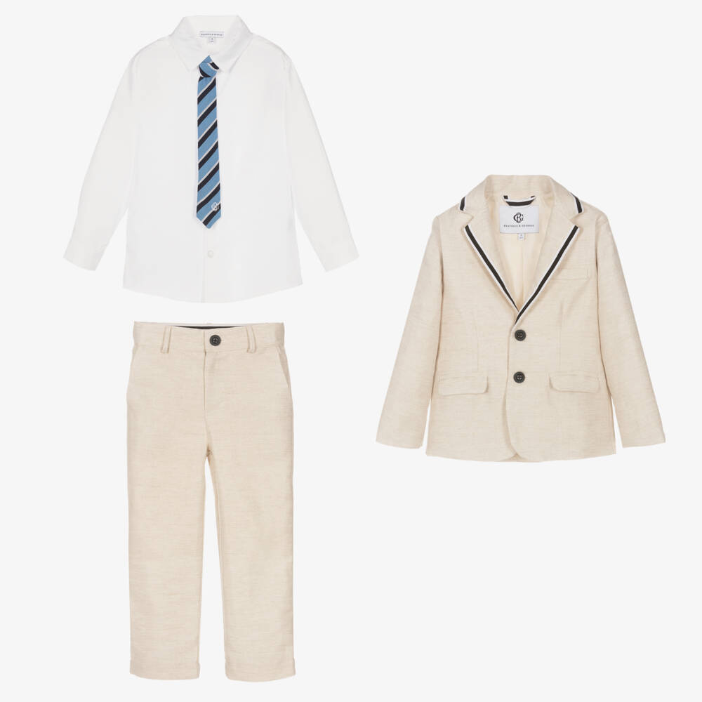 Beatrice & George-Boys Beige Cotton & Linen Suit | Childrensalon