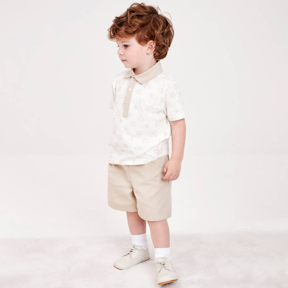 Beatrice & George-Boys Beige Cotton Monogram Shorts Set | Childrensalon
