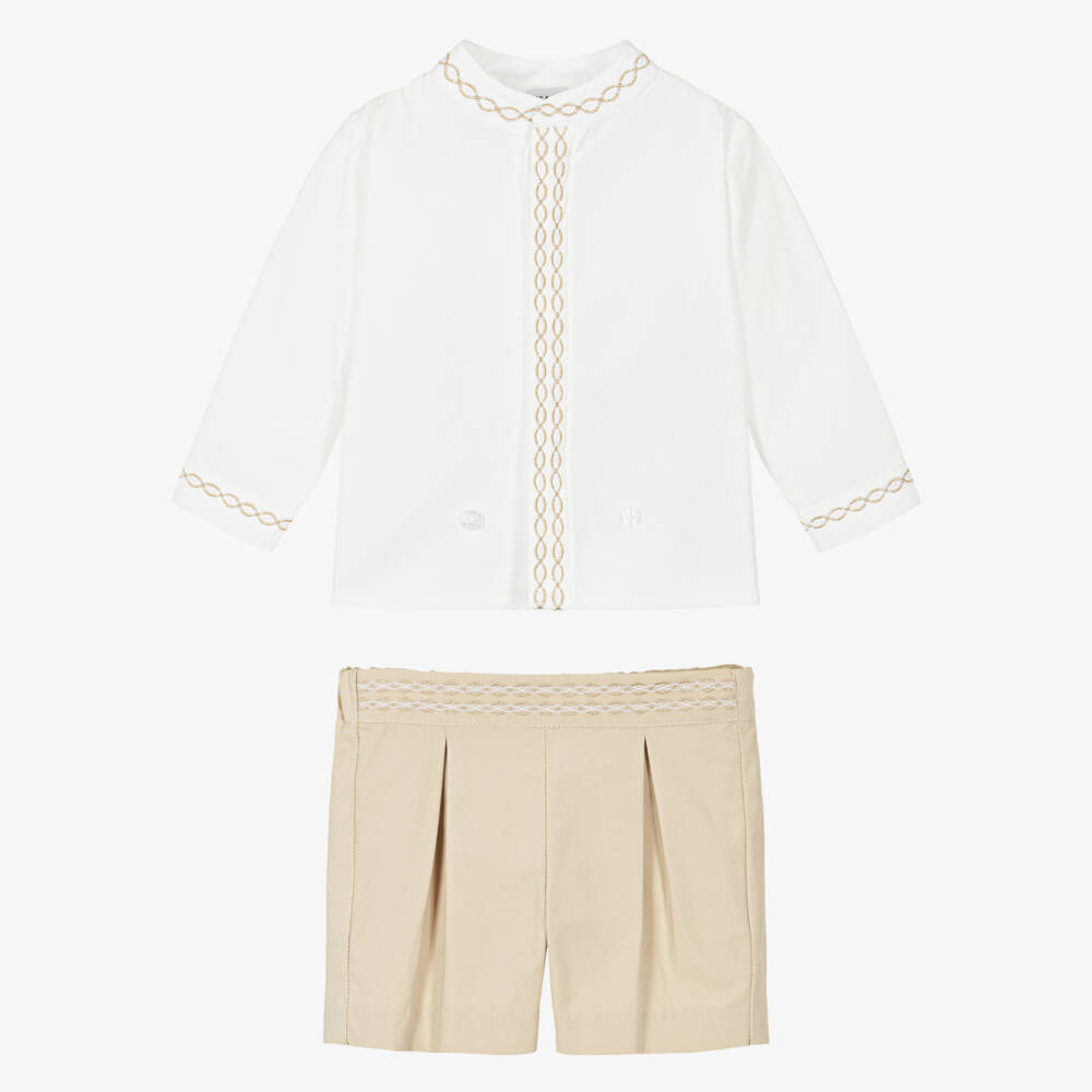 Beatrice & George-Boys Beige Embroidered Cotton Buster Suit | Childrensalon