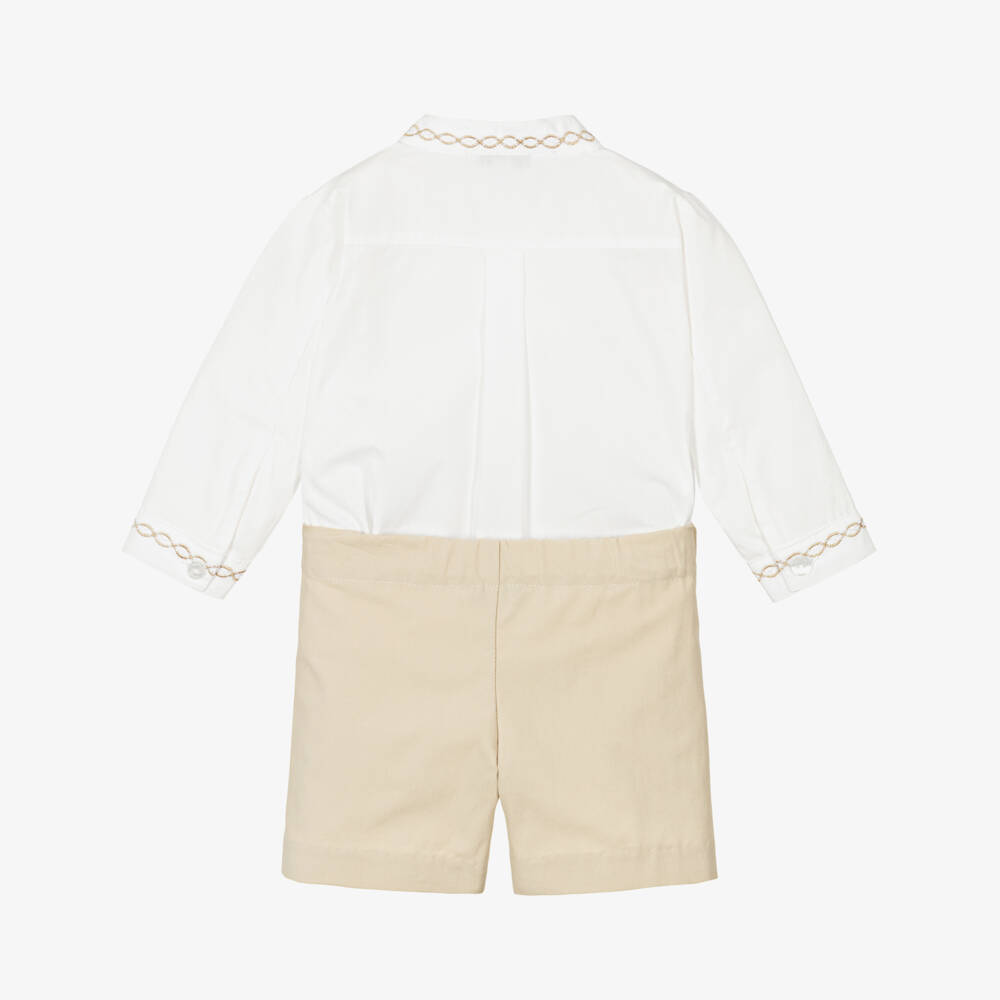 Beatrice & George-Boys Beige Embroidered Cotton Buster Suit | Childrensalon