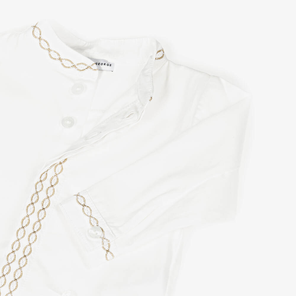Beatrice & George-Boys Beige Embroidered Cotton Buster Suit | Childrensalon