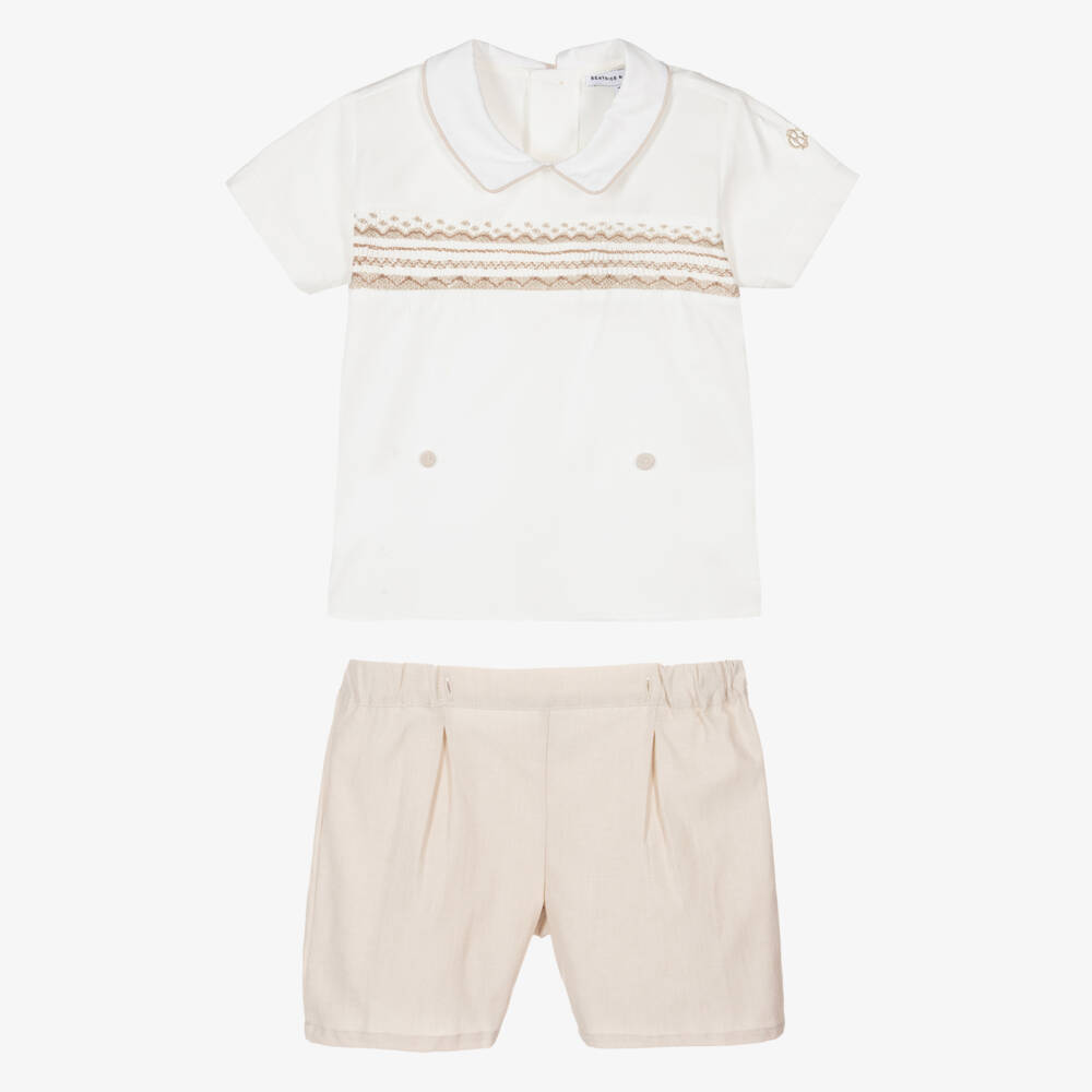 Beatrice & George-Boys Beige Hand-Smocked Cotton Buster Suit | Childrensalon