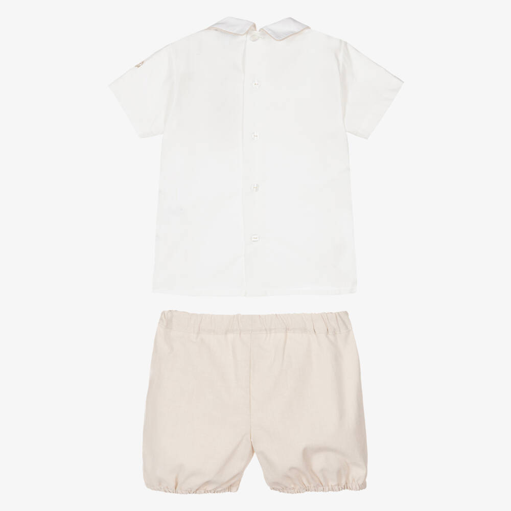 Beatrice & George-Boys Beige Hand-Smocked Cotton Buster Suit | Childrensalon