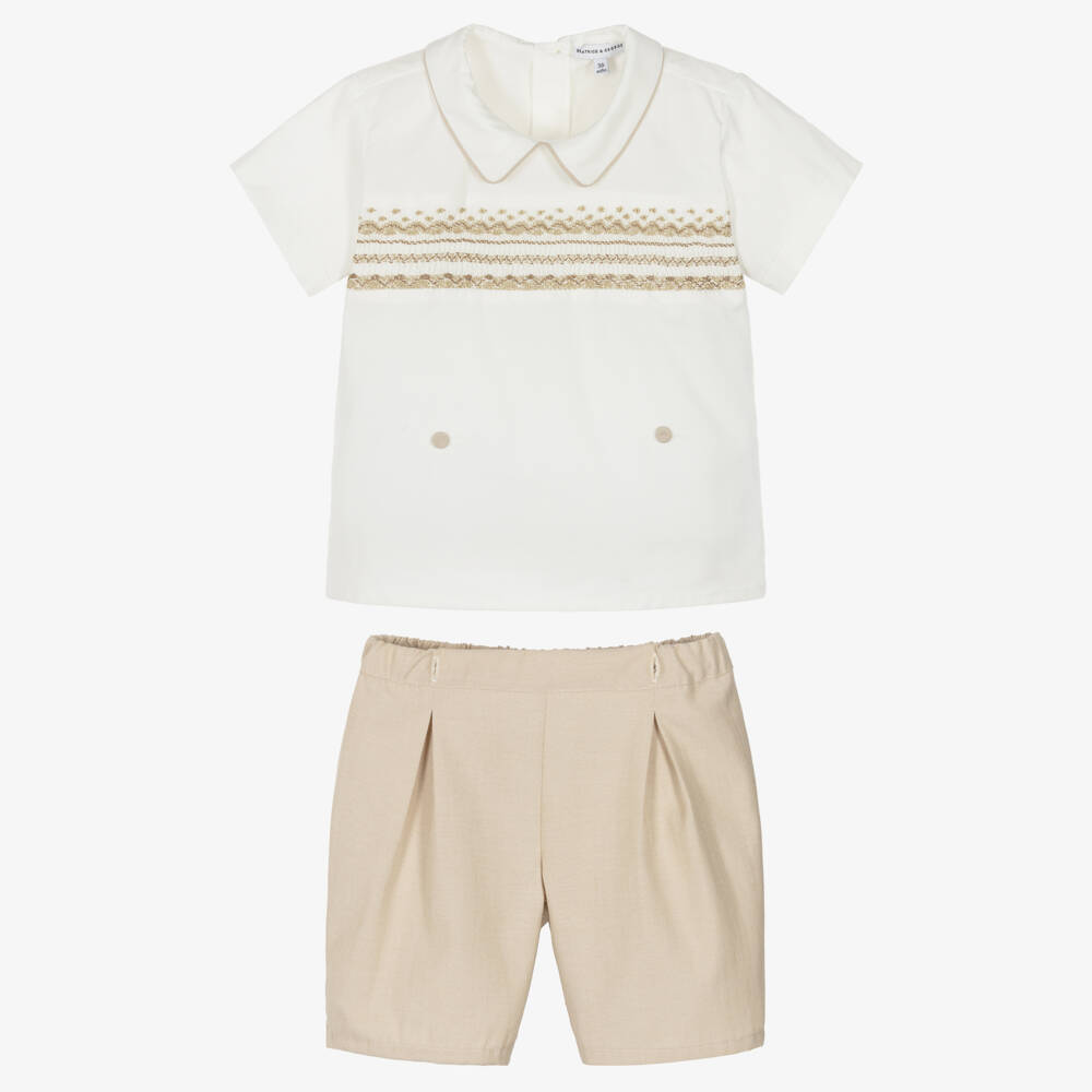 Beatrice & George-Boys Beige Hand-Smocked Cotton Buster Suit | Childrensalon