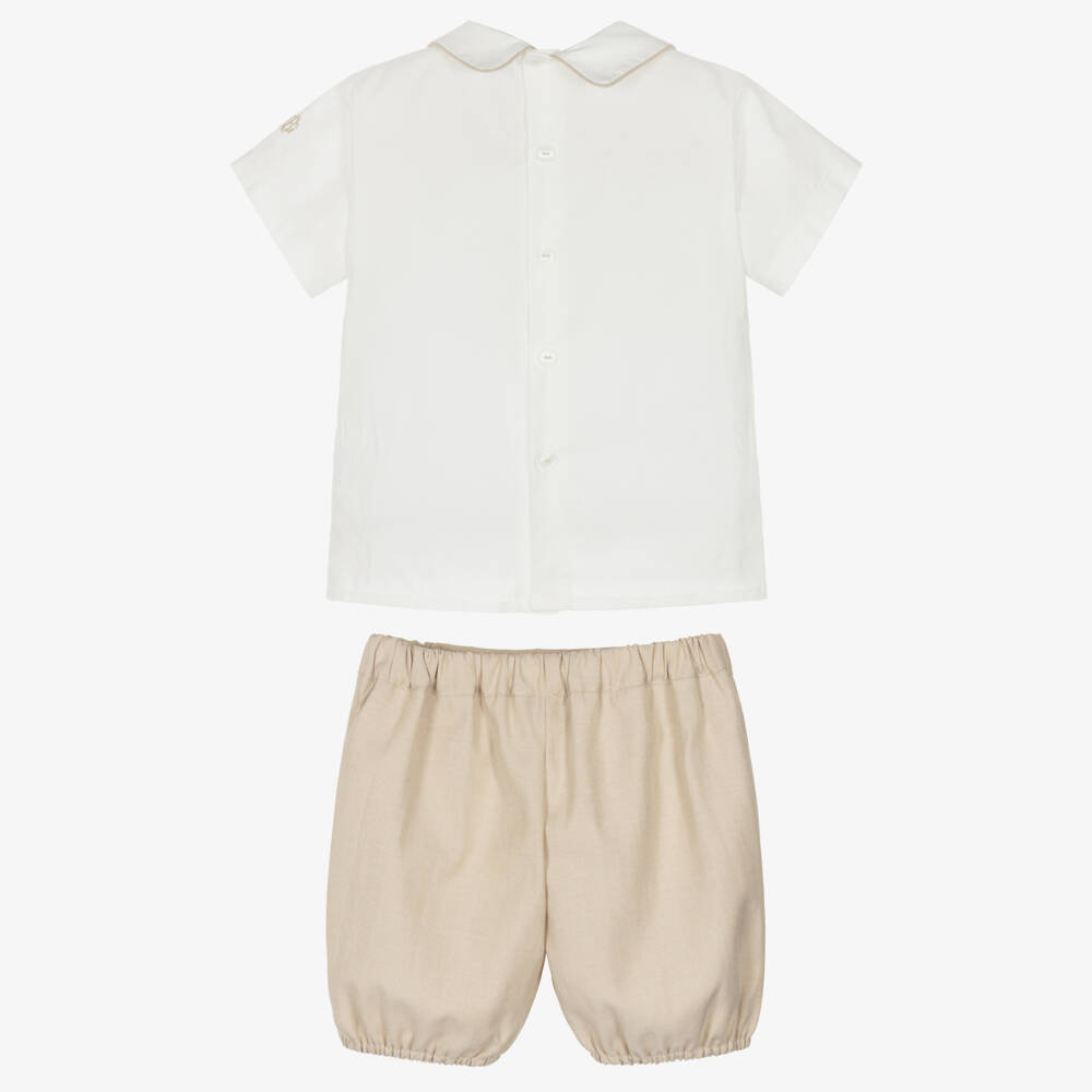 Beatrice & George-Boys Beige Hand-Smocked Cotton Buster Suit | Childrensalon