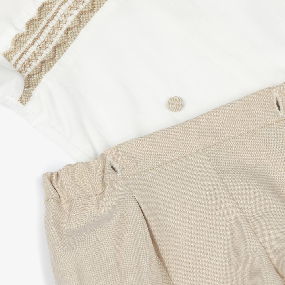 Beatrice & George-Boys Beige Hand-Smocked Cotton Buster Suit | Childrensalon
