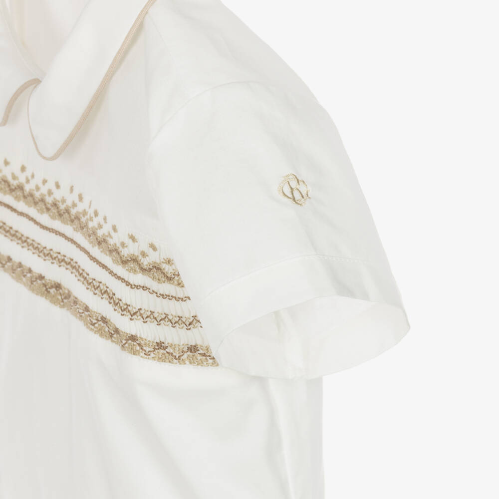 Beatrice & George-Boys Beige Hand-Smocked Cotton Buster Suit | Childrensalon