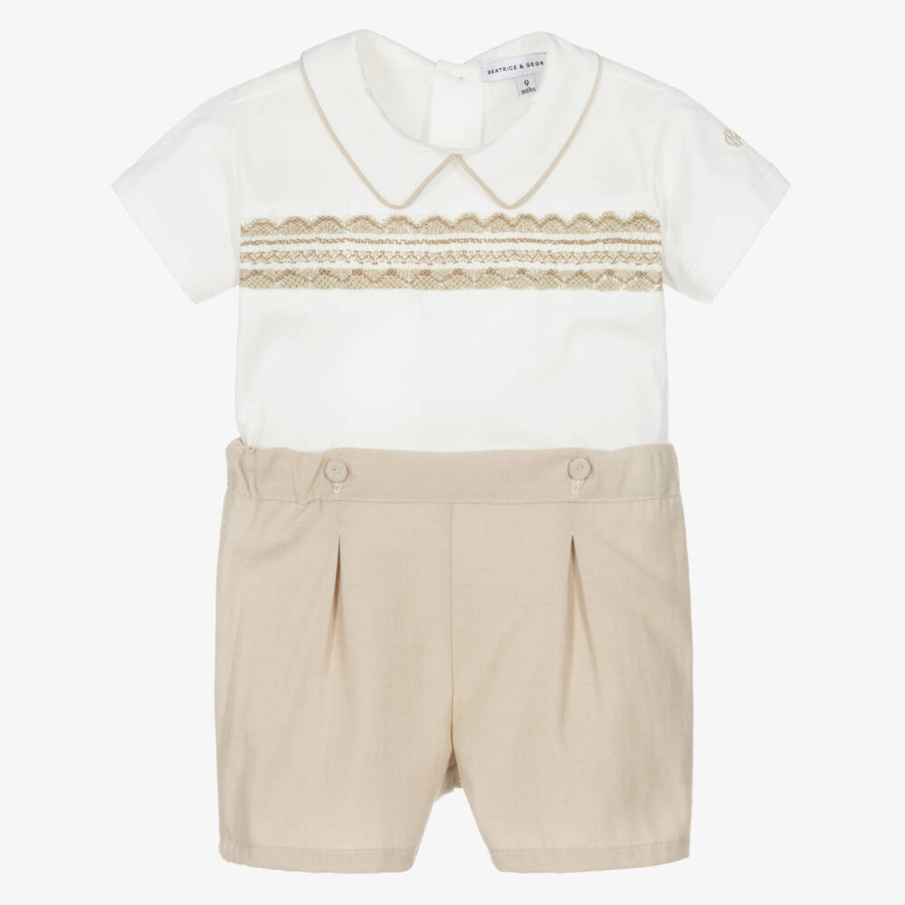Beatrice & George-Boys Beige Hand-Smocked Cotton Buster Suit | Childrensalon