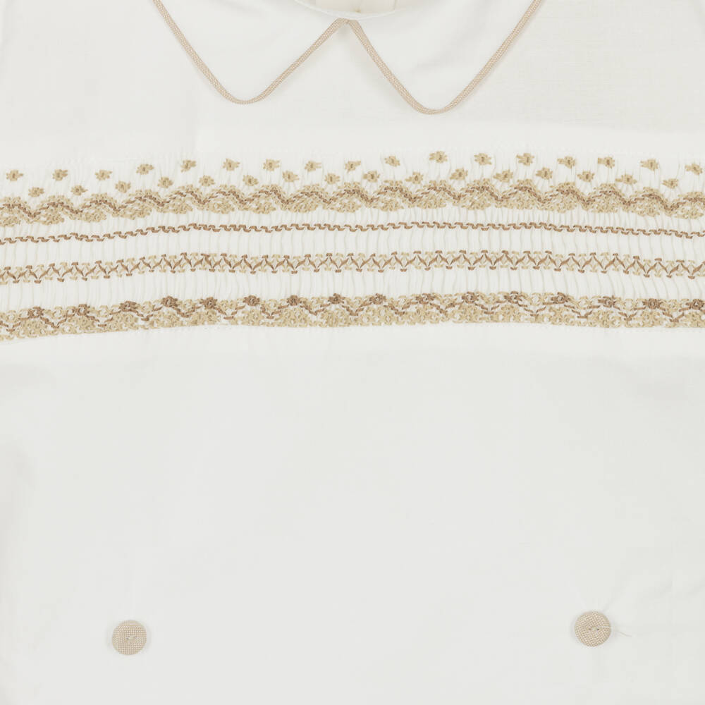 Beatrice & George-Boys Beige Hand-Smocked Cotton Buster Suit | Childrensalon