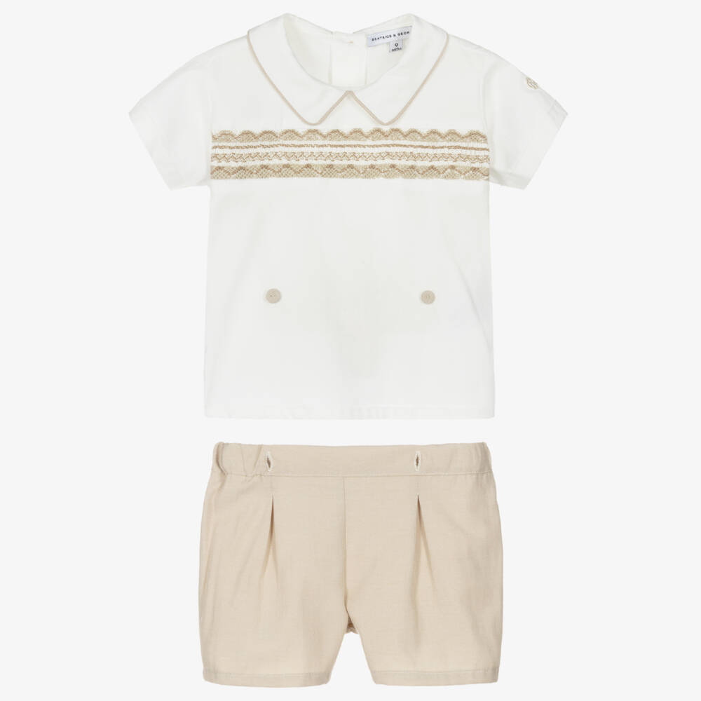 Beatrice & George-Boys Beige Hand-Smocked Cotton Buster Suit | Childrensalon