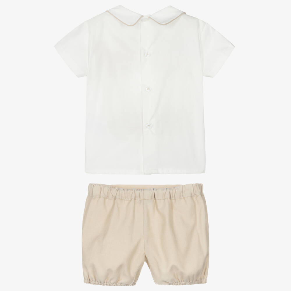 Beatrice & George-Boys Beige Hand-Smocked Cotton Buster Suit | Childrensalon