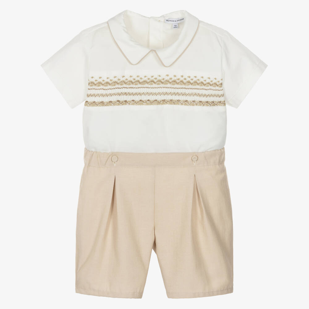 Beatrice & George-Boys Beige Hand-Smocked Cotton Buster Suit | Childrensalon