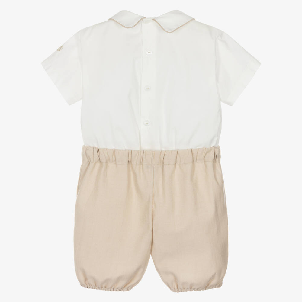 Beatrice & George-Boys Beige Hand-Smocked Cotton Buster Suit | Childrensalon