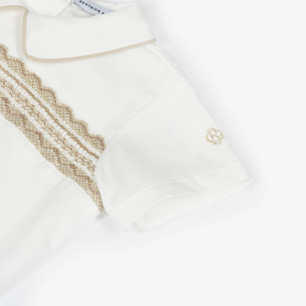 Beatrice & George-Boys Beige Hand-Smocked Cotton Buster Suit | Childrensalon