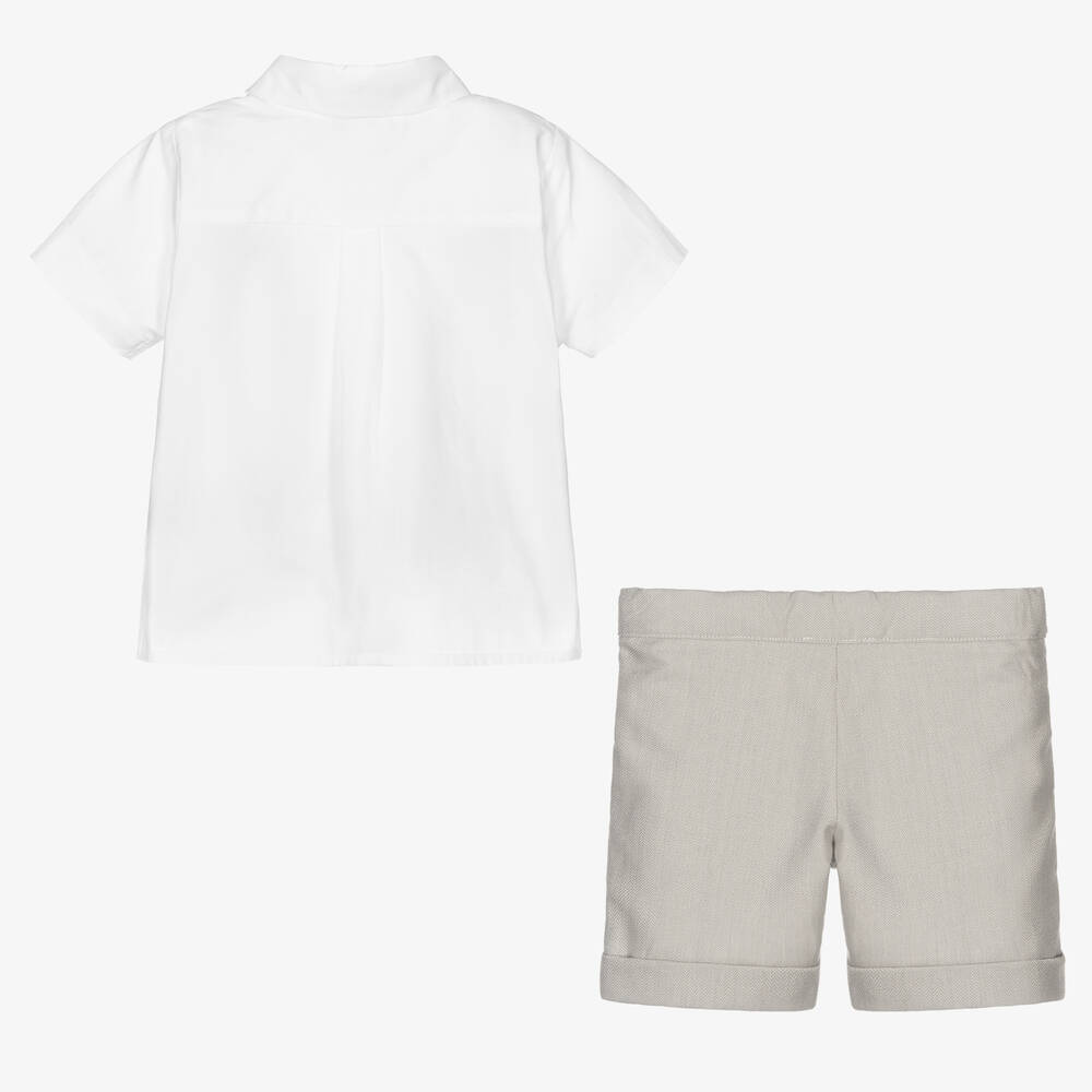 Beatrice & George-Boys Beige Herringbone Cotton Shorts Set | Childrensalon