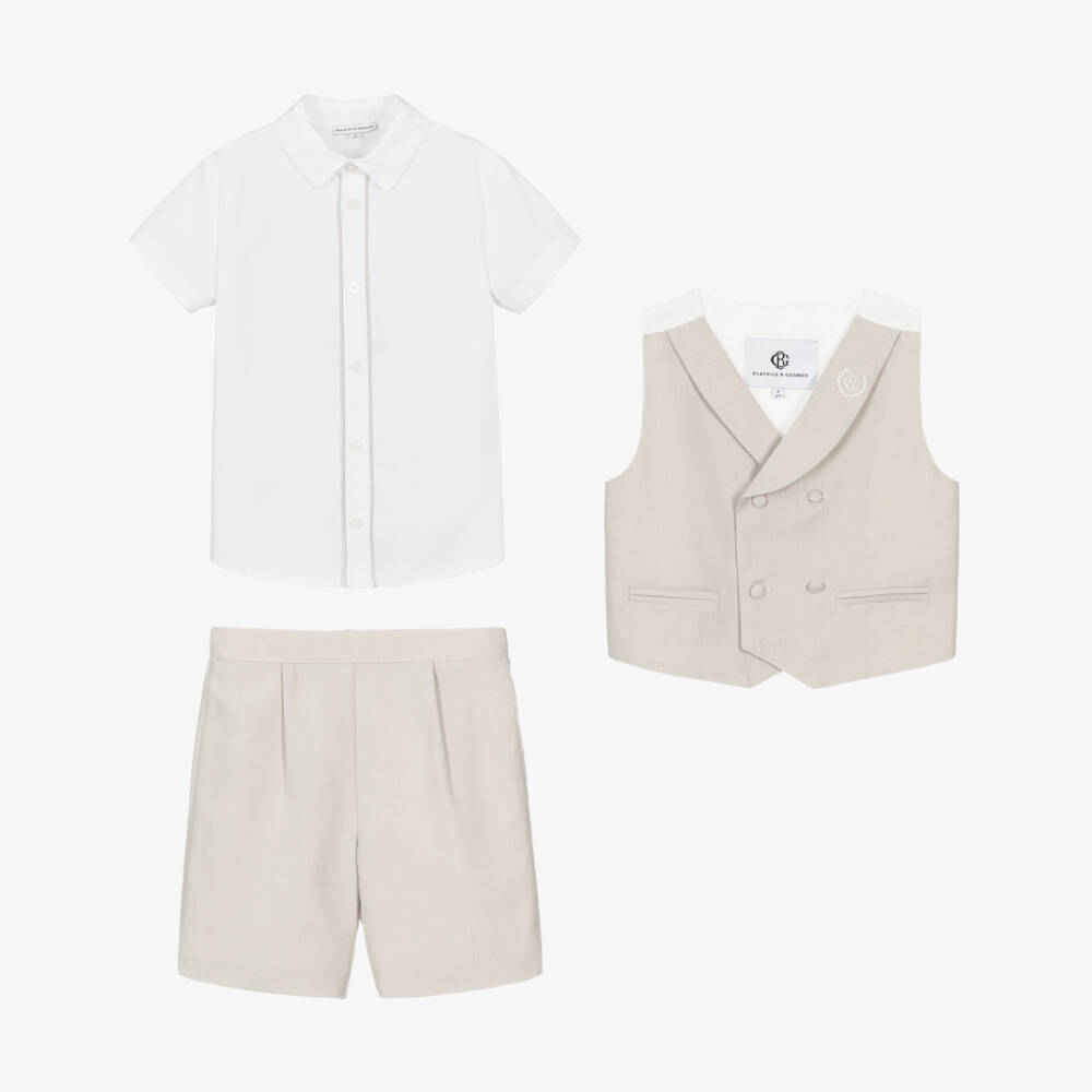 Beatrice & George-طقم أكثر من قطعة بنقشة هيرينغبون لون بيج للأولاد | Childrensalon