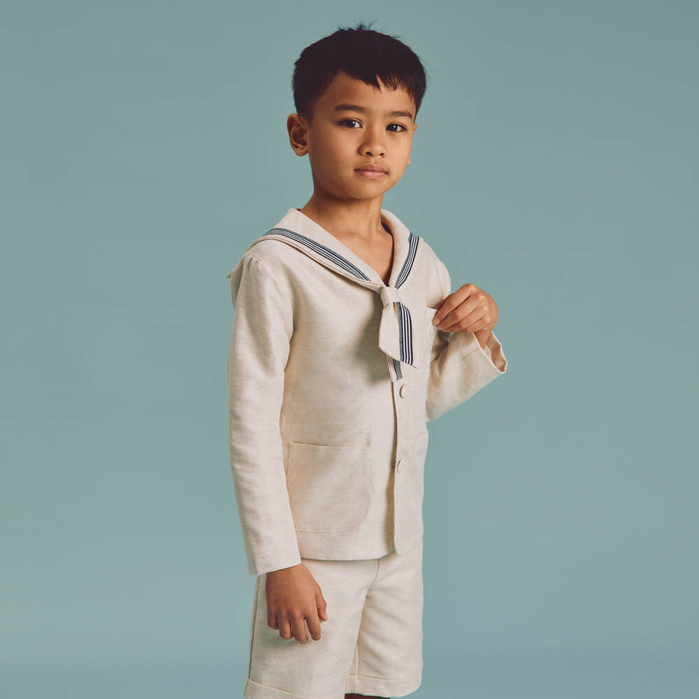 Beatrice & George-Boys Beige Linen Sailor Suit | Childrensalon