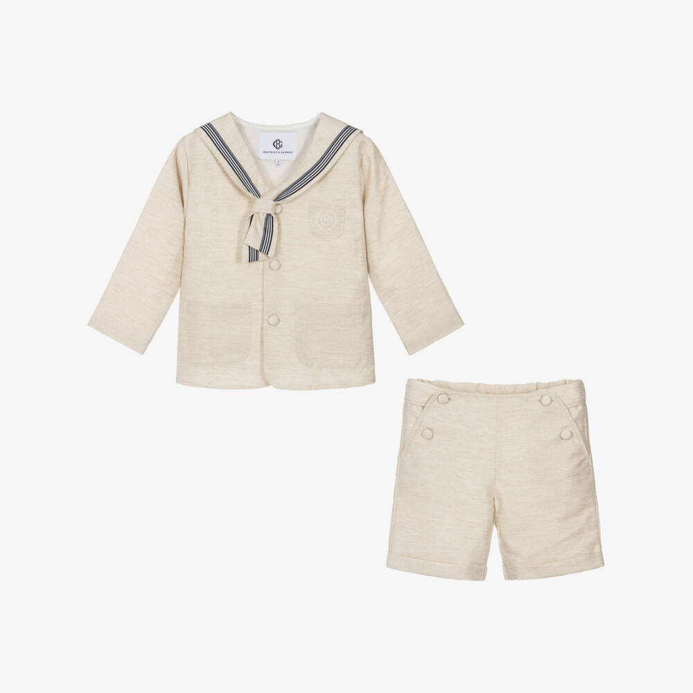 Beatrice & George-Boys Beige Linen Sailor Suit | Childrensalon