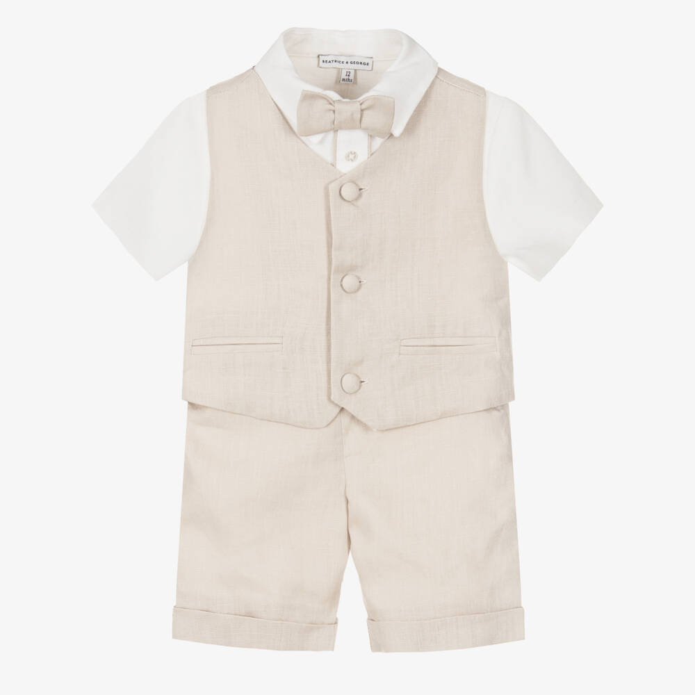 Beatrice & George-Boys Beige Linen Waistcoat Suit | Childrensalon