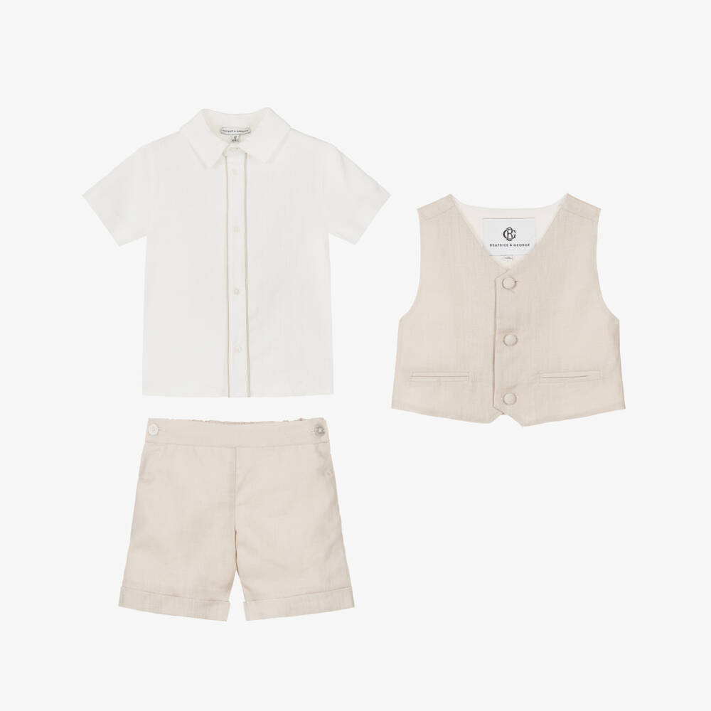 Beatrice & George-Boys Beige Linen Waistcoat Suit | Childrensalon