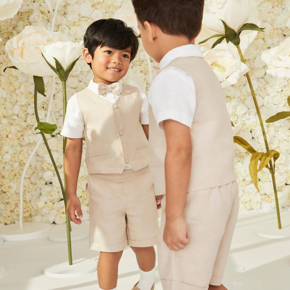 Beatrice & George-Boys Beige Linen Waistcoat Suit | Childrensalon
