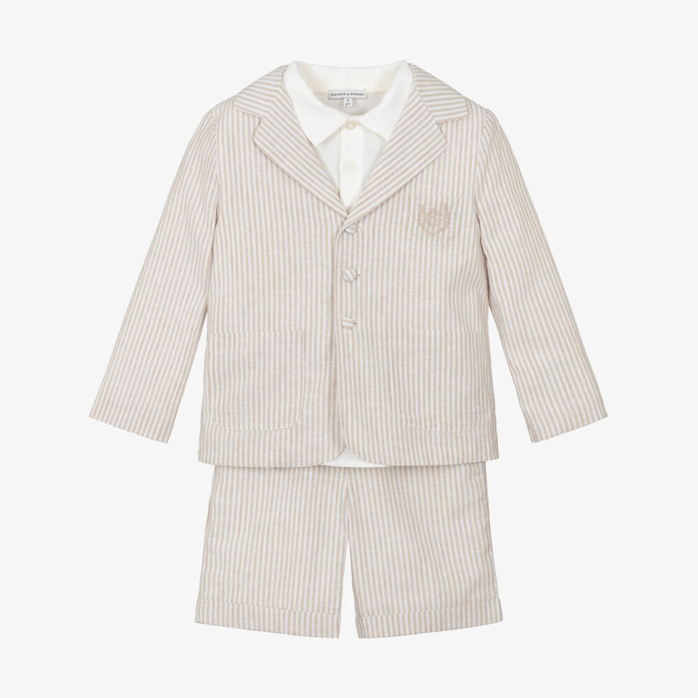 Beatrice & George-Boys Beige Striped Linen & Cotton Shorts Suit | Childrensalon